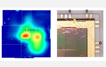 0.2 THz response map (left) and test device photograph showing approximate peak locations (right).