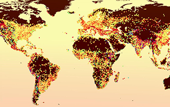 cities marked by colored dots that correspond to the intensity of their urban heat island effect