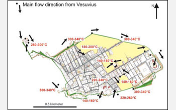 Photo shows map of Pompeii's buildings causing changes in direction and temperature of flows.