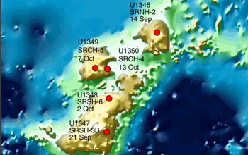Map showing sites drilled by scientists aboard the JOIDES Resolution on Expedition 324/Shatsky Rise.