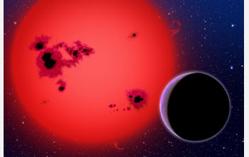 Artist's conception of a super-Earth orbiting GJ1214, a nearby star, 40 light years away.