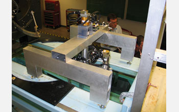 Photo of cycloidal turbine installed on top of test section of US Air Force Academy water tunnel.