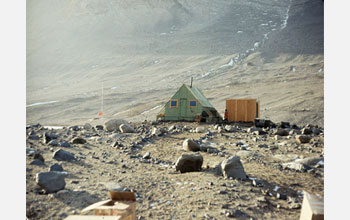Photo of Bonney Hut beside Lake Bonney, Taylor Valley, Antarctica as it appeared in 1969.