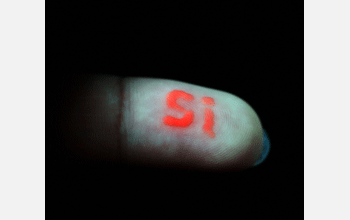 Element symbol for silicon spelled out on fingertip with luminescent porous silicon nanoparticles