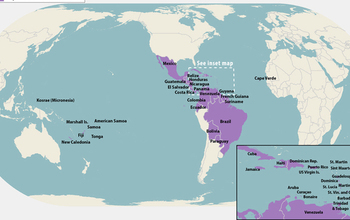 world mpa wiith Countries and territories with active Zika virus transmission, as of April 18, 2016.