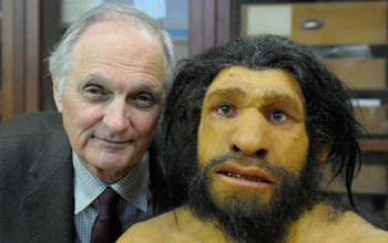 Alan Alda with a model Neanderthal