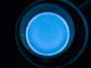 a petri dish illuminated with blue light