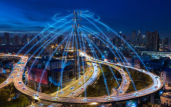 aerial view of highway roads with abstract lines connecting the vehicles