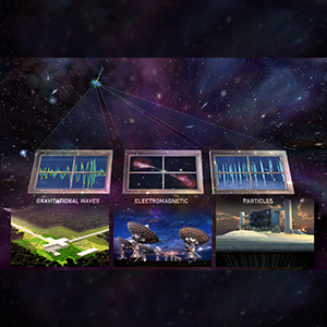 space background with placed images of telescopes and aerial views of buldings
