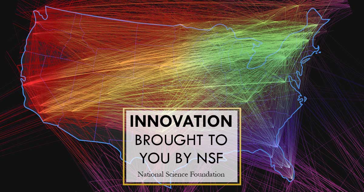 visualization of Internet connections in the United States with text on top Innovation brought to you by NSF