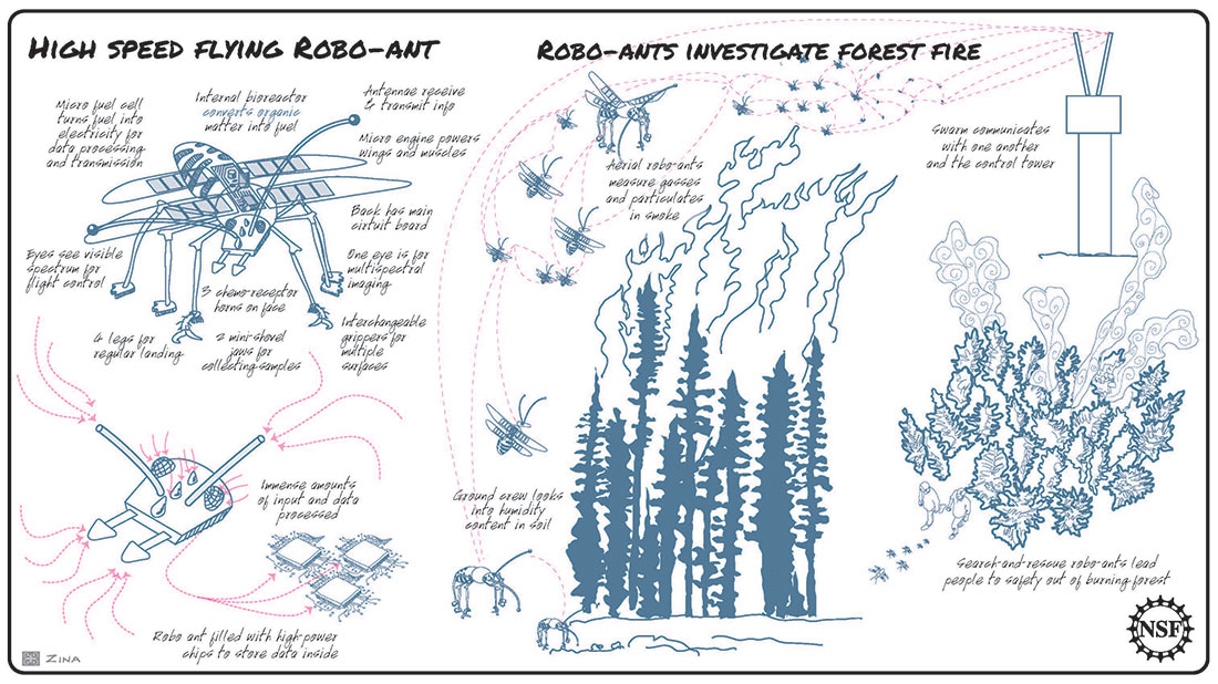 Flying robo-ant over forest fire