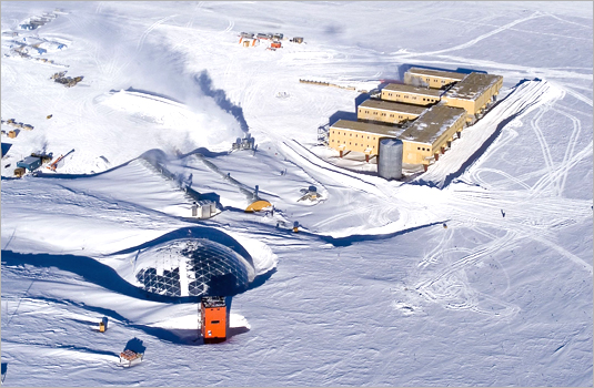 Aerial photo of geodesic dome and new South Pole station