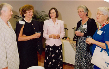 Pictured left to right are Cathleen Morawetz, Anne Peterson, Marta Cehelsky, Grace 
                   Broecker and Vera Rubin.