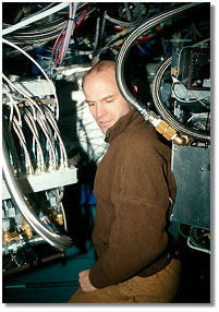 John Carlstrom inside the DASI telescope; caption is below