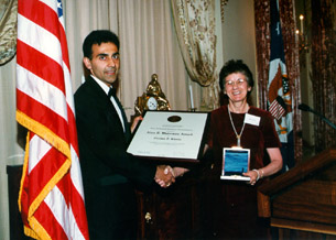 Photo of Chaitan S. Khosla, 1999 Waterman award winner, with NSF Director Rita Colwell
