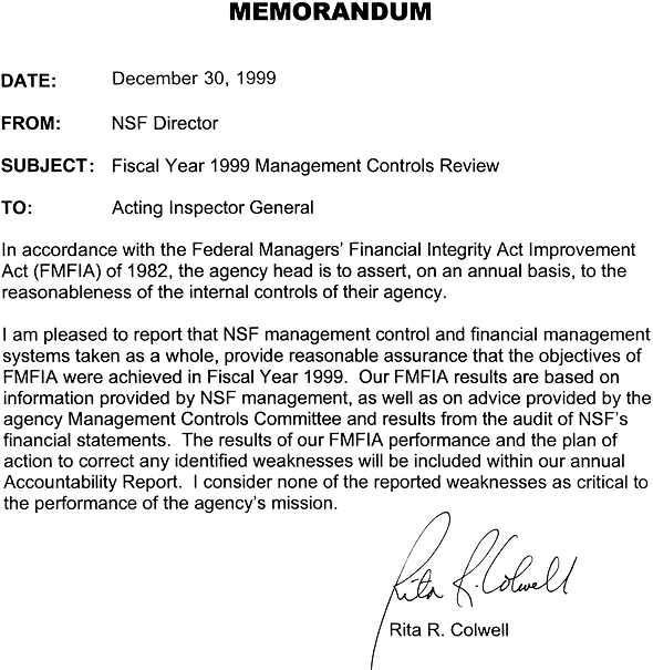 Colwell Memorandum - Fiscal Year 1999 Management Controls Review