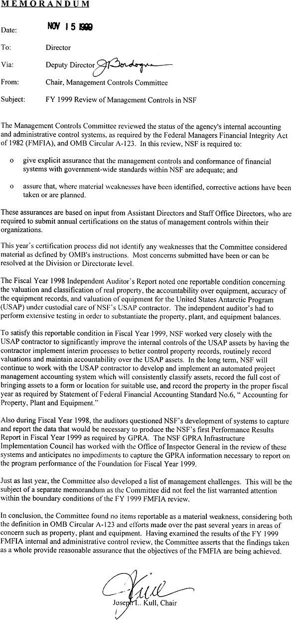 Kull Memorandum - FY 1999 Review of Management Controls in NSF