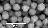 SEM micrograph of a cubic calcite (CaCO3) particle generated in a bilayer (octylamine-water) system