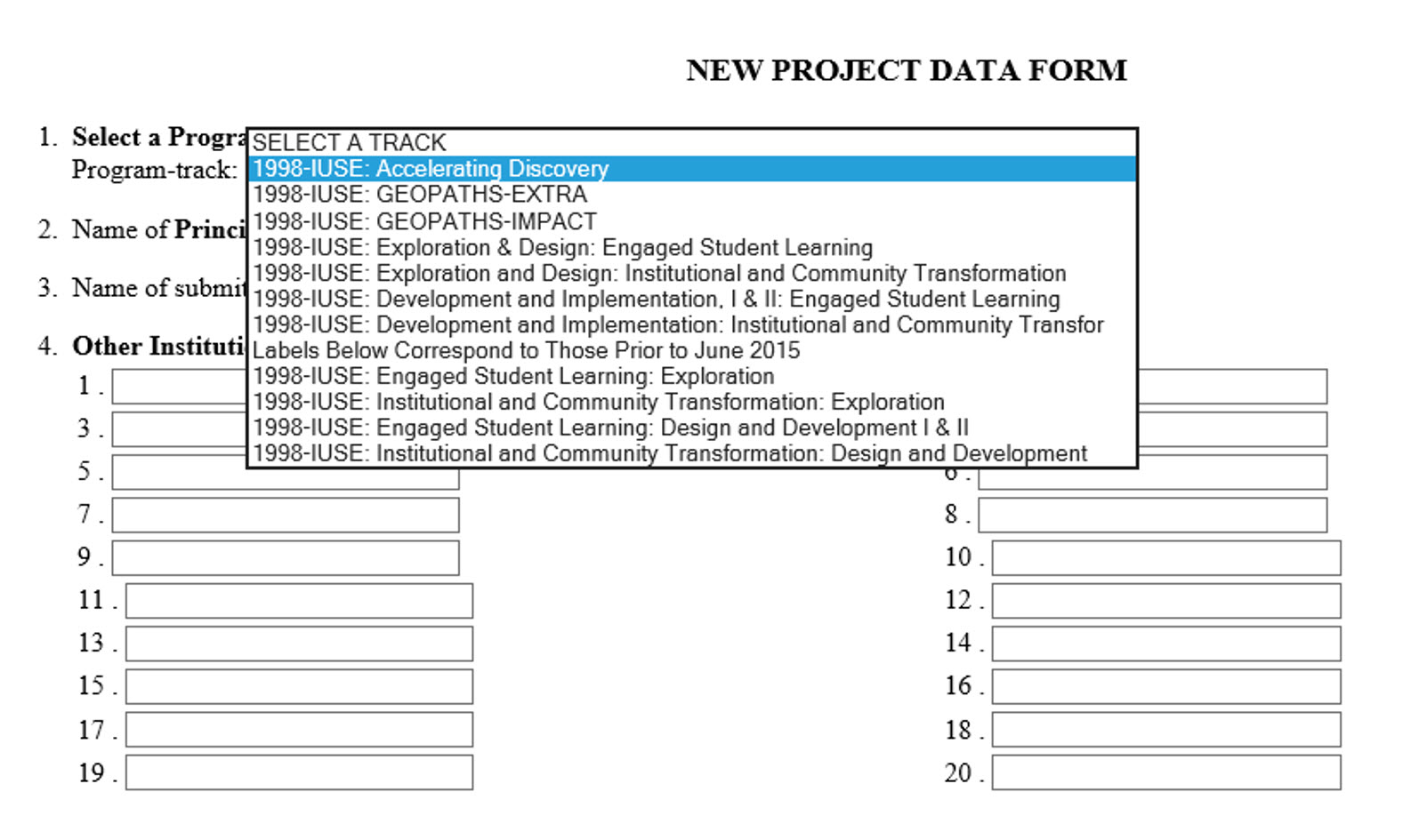 New Project Data Form - User selecting Accelerating Discovery from the Project Data Form drop-down menu